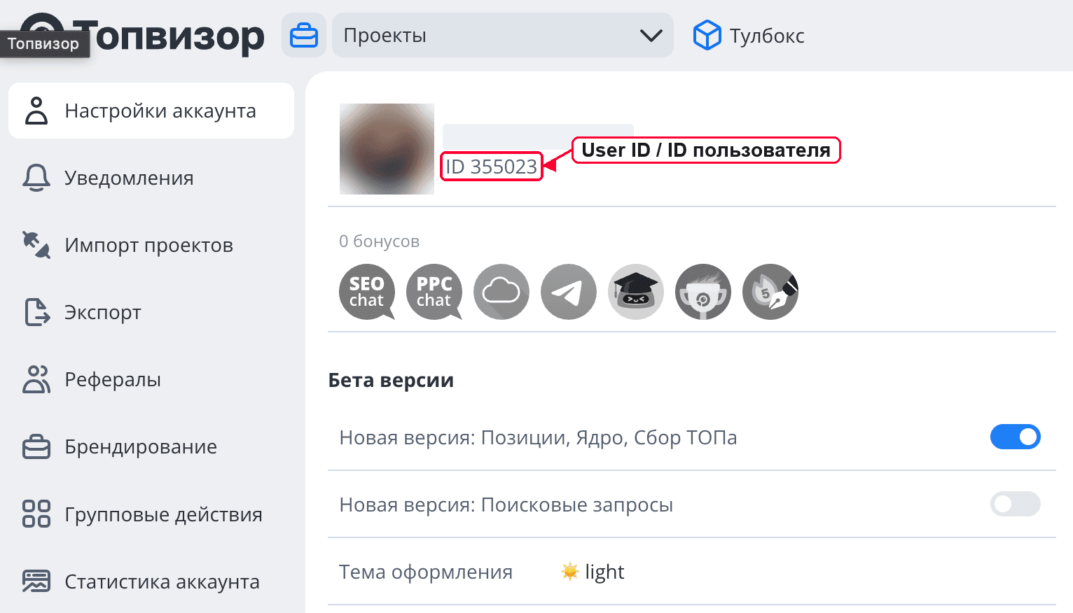 Настройки аккаунта Topvisor с обведённым User ID.